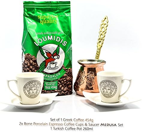 Papagalos Loumidis Ground Coffee, 16 Ounce. - Medusa Bone Porcelain Espresso Coffee Cups and Saucers Set, - With Handmade Copper Turkish Coffee Pot 260ml. (Pack of 6)