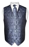 Covona Men's NAVY BLUE Color Paisley Dress Vest NeckTie Set for Suit or Tuxedo