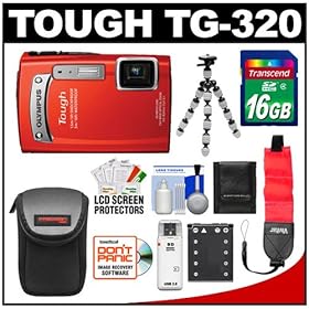 Olympus Tough TG-320 Shock & Waterproof Digital Camera (Red) with 16GB Card + Battery + Floating Strap + Case + Flex Tripod + Accessory Kit