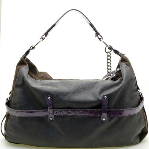 Dasein Women's Faux Suede Belt Front Leather Like Hobo Bag Handbag w/ Chain -Brown