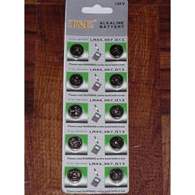 10-pack T&E LR44 1.55v Alkaline Button Cell Battery (Replaces: LR44, CR44, SR44, 357, SR44W, AG13, G13, A76, A-76, PX76, 675, 1166a, LR44H, V13GA, GP76A, L1154, RW82B, EPX76, SR44SW, 303, SR44, S303, S357, SP303, SR44SW)