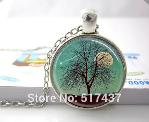 Lawrence Painting Glass Dome Necklace Harvest Moon Necklace Tree Jewelry Full Moon Shooting Star Landscape Art Pendant Necklace