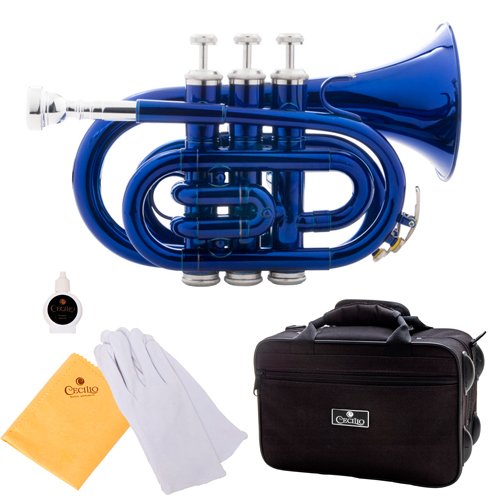 Cecilio 2Series PT-280BL Blue Lacquered B Flat Pocket Trumpet w/ Accessories & Hard Shell Carrying Case