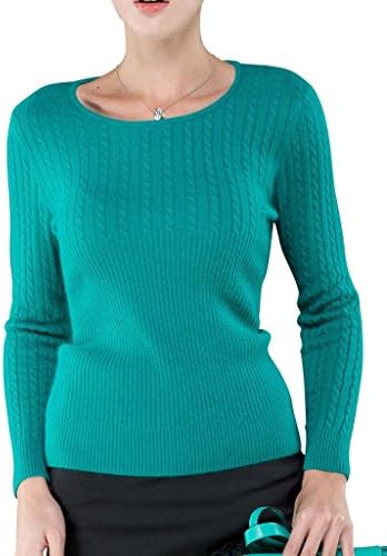 FOUQ Women's Mink Cashmere Long Sleeve Knit Jumper Pullover Sweater Blue Green L