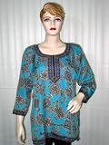 Free Ship Womens Tunic Ethnic Print Deep Sky Blue Crepe Top Kurta Shirt Kurti L
