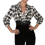 AGB Women's Ruffle Me Up Beautifully Printed Top With Knit Bodice And Slim Belt,Black And White,Large