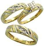 14k Yellow Gold Trio 3-Piece His (5mm) & Hers (4mm; 5mm) Wedding Band Set, w/ 0.25 Carat Brilliant Cut & Invisible-set Diamonds; (Men's Size 9 to 12; Ladies' Size 6 to 8)
