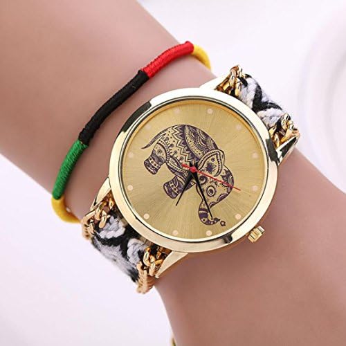 Omita® Women Girl Handmade Weaved Braided Elephant Bracelet Dial Quarzt Watch (G)