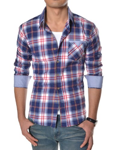 TheLees Mens Casual Long Sleeve Stripe Patch Checker Shirts