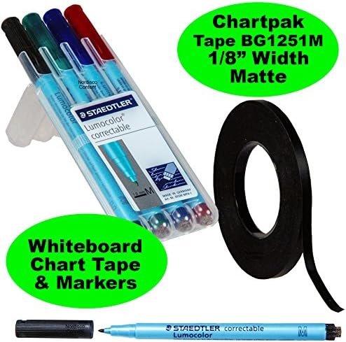 Chartpak Graphic Chart Tape Matte Black Bg1251m 1/8" Plus a Set of 4 Staedtler Lumocolor Correctable Dry Erase Pens 1.0mm Medium Point