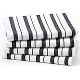 Cotton Craft - 4 Pack Oversized Kitchen Towels, 20x30 - Black, Pure 100% Cotton, Crisp Basket weave striped pattern, Convenient hanging loop - Highly absorbent, Professional Grade, Soft yet Sturdy