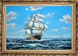 IMAGE OF Big Ship Sailing on the Ocean Oil Painting, with Ornate Antique Dark Gold Wood Frame 30 x 42 inches
