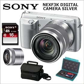 Sony NEXF3K DIGITAL CAMERA SILVER w/ 16GB Memory Card + SEL-30M35 30mm F3.5 Nex Lens + Accessory Kit
