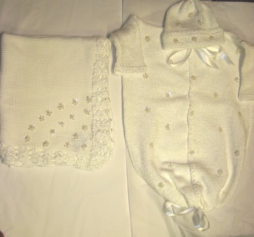 Hand Knitted Crochet Finished White Chenille Baby Bunting Hat Set Trimmed with Sequin Flowers with Matching Large Blanket Size 31