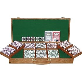 500 12.2 Gram Clay Coin Inlay Poker Chips w Genuine Oak Case by 