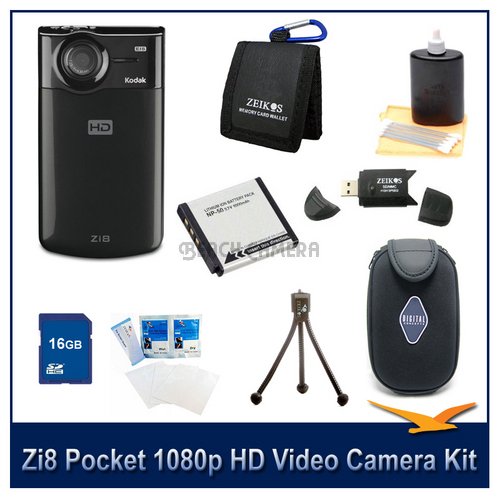 Zi8 Pocket 1080p HD Video Camera (Black), 16 GB Secure Digital High Capacity (SDHC) Memory Card, Hi-Speed SD USB 2.0 Card Reader, LI-68 Replacement Lithium Battery, Compact Semi-hard Deluxe Carrying Case, Flexible Mini Table-top Tripod, Tri-fold Memory Ca