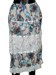 Womens Bohemian Gypsy Skirt Cream Lace Blue Print Sequin Beaded Skirt