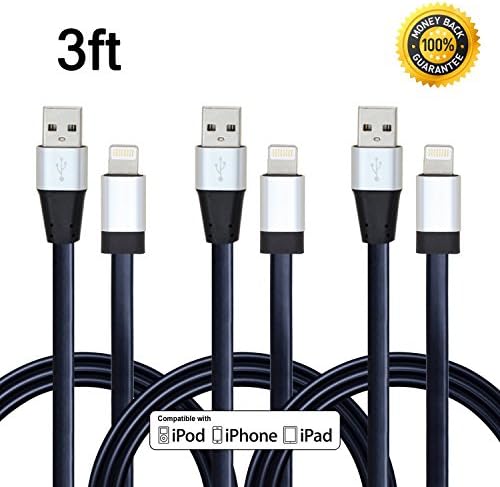 Wecharge (TM) 3 Pack 3FT Aluminum Flat Series 8 pin Lightning to USB Sync and Charging Cable Cord for iPhone 6 / 6 Plus /6s / 6s Plus /5 / 5s / 5c, iPod and iPad- 1 Year Worry-free Warranty (Black)