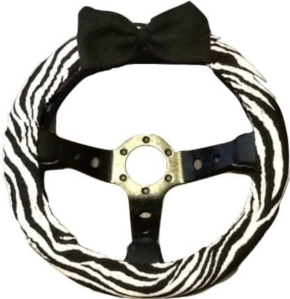 Jazzie Creations Handmade Cotton Fabric Black and White Zebra Print Stretch Steering Wheel Cover with Black Fleece Bow One Size Fits Most Non Toxic Cool in Summer