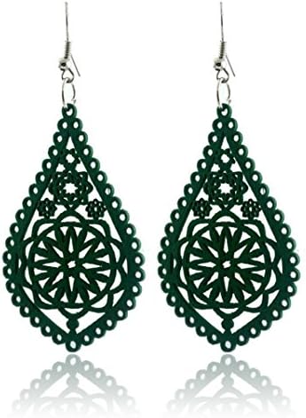 Spk Jewelry Vintage Tribal Flower Floral Wood Handmade Filigree Dangle Teardrop Green Earrings