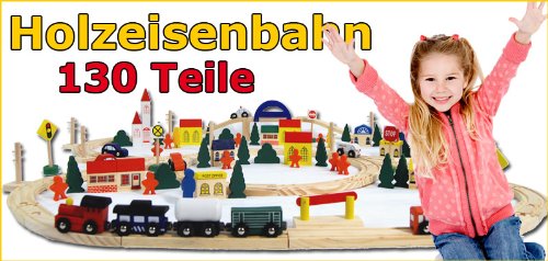 12075 Holzeisenbahn - 130 Teile! Über 5m Schienen, kompatibel zu Brio, Eichhorn, Ikea, Thomas usw.