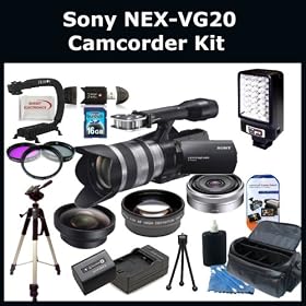 Sony NEX-VG20 Interchangeable Lens HD Handycam Camcorder With 18-200mm Lens + Kit - Includes: Stabilizing Handle/Grip, Video Light, E-Mount SEL16F28 16mm f/2.8 Wide-Angle Lens, 0.45x Wide Angle Lens, 2x Telephoto Lens, Full Size Tripod, 3 Piece Filter Set (UV-FLD-CPL), Replacement NP-FV100 Battery P