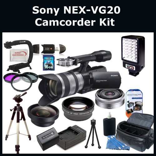 Sony NEX-VG20 Interchangeable Lens HD Handycam Camcorder With 18-200mm Lens + Kit - Includes: Stabilizing Handle/Grip, Video Light, E-Mount SEL16F28 16mm f/2.8 Wide-Angle Lens, 0.45x Wide Angle Lens, 2x Telephoto Lens, Full Size Tripod, 3 Piece Filter Set (UV-FLD-CPL), Replacement NP-FV100 Battery Pack, Rapid Travel Charger, 16GB Class 10 SDHC Memory Card, Memory Card Reader, Table Top Tripod, LCD Screen Protectors, Carrying Case and Cleaning Kit with SSE Microfiber Cleaning Cloth Sony NEX-VG20 Interchangeable Lens HD Handycam Camcorder With 18-200mm Lens + Kit - Includes: Stabilizing Handle/Grip, Video Light, E-Mount SEL16F28 16mm f/2.8 Wide-Angle Lens, 0.45x Wide Angle Lens, 2x Telephoto Lens, Full Size Tripod, 3 Piece Filter Set (UV-FLD-CPL), Replacement NP-FV100 Battery Pack, Rapid Travel Charger, 16GB Class 10 SDHC Memory Card, Memory Card Reader, Table Top Tripod, LCD Screen Protectors, Carrying Case and Cleaning Kit with SSE Microfiber Cleaning Cloth