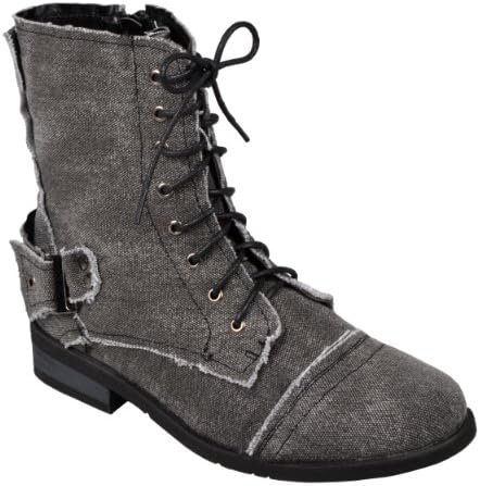 Brinley Co. Womens Buckle-Strap Lace-Up Combat Boots Black 8.5