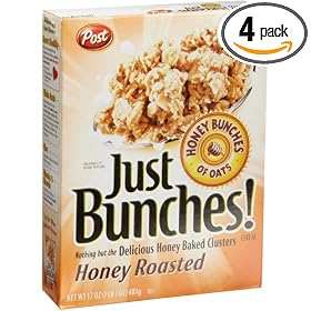 Post Honey Bunches of Oats Just Bunches Honey Roasted Cereal, 17-Ounce Boxes (Pack of 4) by Post