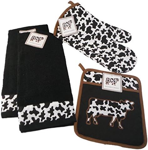 Black and White Cows Kitchen Linens Bundle - Four Items: Two Cotton Dish Towels and Two Pot Holders (Black Towels)