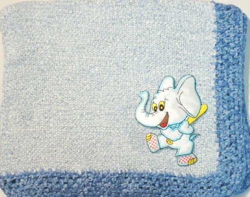 Hand Machine Knitted Finished with Hand Crochet Blue Chenille Infant Boys Forty Five Inch Long Thirty Two Wide Blanket Hand Crochet Trimmed with Denim Chenille with Baby Elephant Emblem