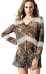 V-neck Lace Long Sleeves Chiffon Leopard Print Natural   Waistline  Dress