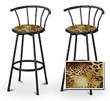 IMAGE OF 2 Leopard Animal Print Specialty / Custom Black Barstools with Backrest Set