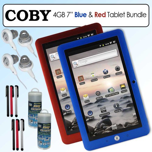 Coby MID7120-4G 7 Inch Kyros Touchscreen Internet Tablet Blue &amp; Red Bundle with Philips Headphones and Accessories Bundle (Exclusive Colors)