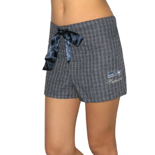 Womens NFL Seattle Seahawks Plaid Cotton Pajama Lounge Shorts with Embroidered Logo - Blue & Grey (Size: L)
