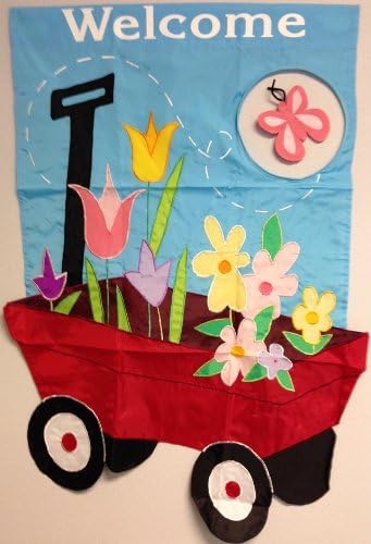 Bloomin Wagon House Flag 2 Sided Vertical Banner Flowers Welcome 28x44