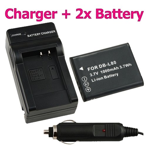 Replacement DB-L80 Li-Ion Battery (2 Pack) + Battery Charger w/ Car Adapter for Sanyo Xacti DMX-CG11 / VPC-CG10 / VPC-CG102 / VPC-CG20 / VPC-CS1 / VPC-GH2 / VPC-X1200