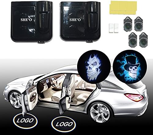SHE'O® 1 pair Pocker face skull ghost Wireless Magnetic car door LED logo projection laser projector welcome logo shadow ghost light+2pcs British skull Logo slides