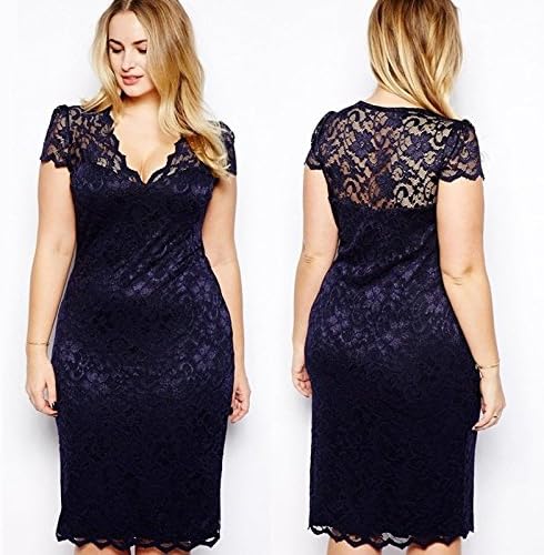 PLus Size Sexy Women Casual Lace Bodycon Dresses Mini Dress V-Neck Floral Pencil Dress Dark Blue Vestido XXXL 3XL See-through