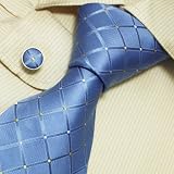 S4053 Designer Hand Made Blue Checkers Plaids Necktie Cufflinks Set with Gift Box Ties for Him Jacquard Woven Pure Silk Mens Tie and Cuff Links Gift Tie Set
