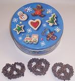 Scott's Cakes 1 lb. Dark Chocolate Covered Pretzel with Chocolate Chips in a Christmas Cookie Tin