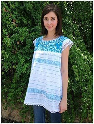 Nativa Women's Authentic Mexican Blouse One Size White (Turquoise Embroidery)