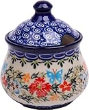 Polish Pottery Ceramika Boleslawiec,  0051/238, Sugar Bowl Iza, 1 Cup, Royal Blue Patterns with Red Cornflower and Blue Butterflies Motif