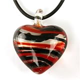 Glass Necklace Murano Heart Pendent Red with Black Striped Wire Necklace By Bucasi