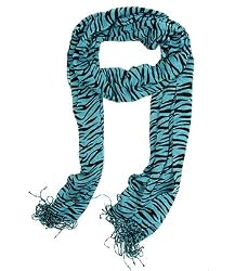 Pashmina Black Teal Zebra Animal Design Knit Shawl Scarf 21"x76"