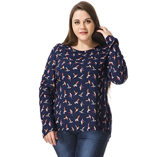 Alya Women Plus Size Birds Print Buttoned Back Top