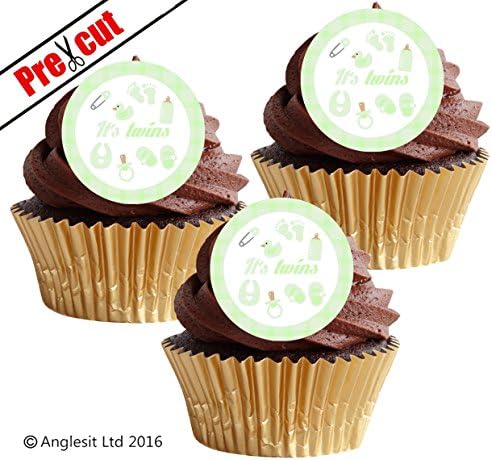 sf IT'S TWINS EDIBLE WAFER / RICE PAPER IMAGE CUPCAKE CAKE TOPPERS BABY SHOWER PARTY DECORATIONS (Cupcake Toppers)