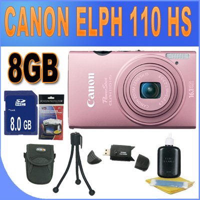 Canon PowerShot ELPH 110 HS 16.1 MP CMOS Digital Camera (Pink) W/8GB SDHC Memory   USB Card Reader   Shock Proof Case w/Strap   Mini Tripod   Accessory Saver Bundle!
