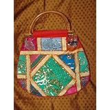 Womens Sari Tote Handbag Multi Red Patch Work Purses