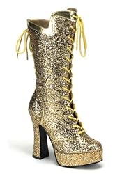 5 Inch Block Heel Platform Lace Up Calf Boot Women'S Size Shoe With Glitter